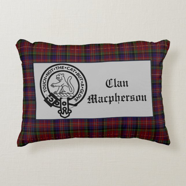 Scottish Macferson Vapensköld Badge och Tartan Prydnadskudde (Framsidan)