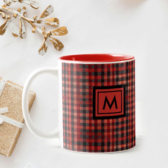 Scottish Red Gingham Tartan Mönster Monogram Två-Tonad Mugg (Skapare uppladdad)