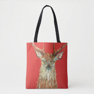 Scottish Stag on Blazing Red Painting Tote Bag Tygkasse