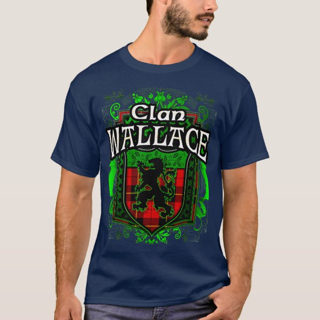 Scottish Surname Klan Wallace Tartan Lejon Vapensk T Shirt (Framsida)