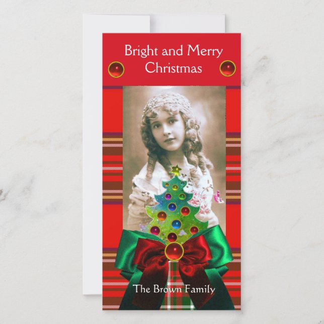 SCOTTISH TARTAN, JULGRAN OCH RED GRÖNT BOWS JULKORT (Framsida)