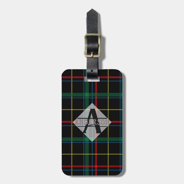 Scottish Tartan Monogram Gift - Grönt Red Black Bagagebricka (Vertikal Framsida)