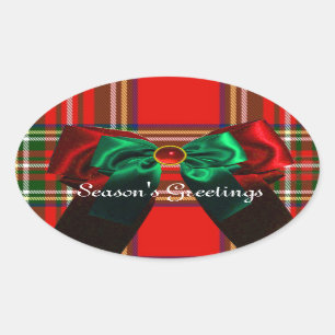 SCOTTISH TARTAN OCH RED GRÖNT BOWS CHRISTMAS PARTY OVALT KLISTERMÄRKE
