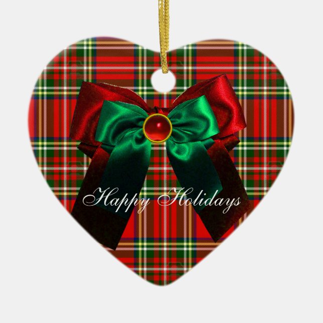 SCOTTISH TARTAN OCH RED GRÖNT CHRISTMAS BOWS HEART JULGRANSPRYDNAD KERAMIK (Framsidan)