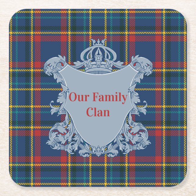 Scottish Tartan Plaid, Name and Crest Underlägg Papper Kvadrat (Framsidan)