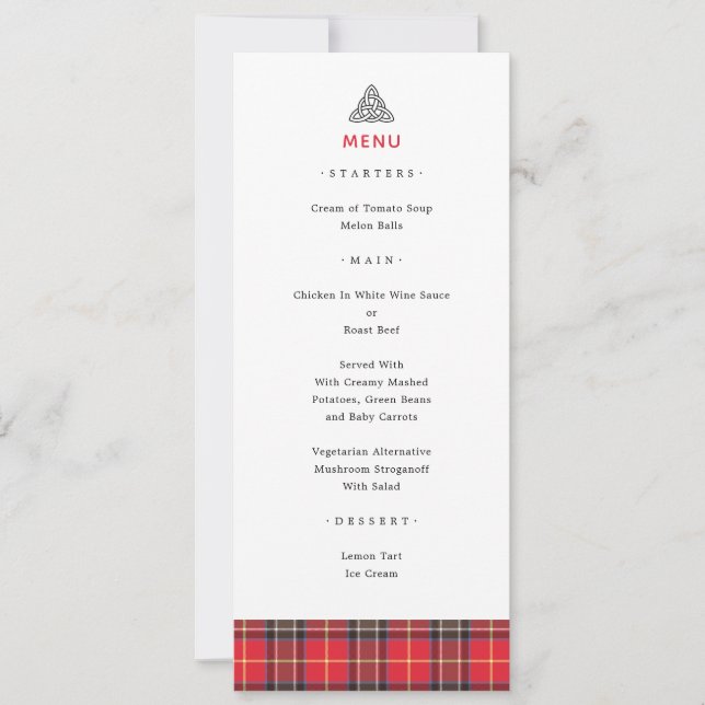 Scottish Tartan Play Celtic Knot Bröllop Menu (Framsida)
