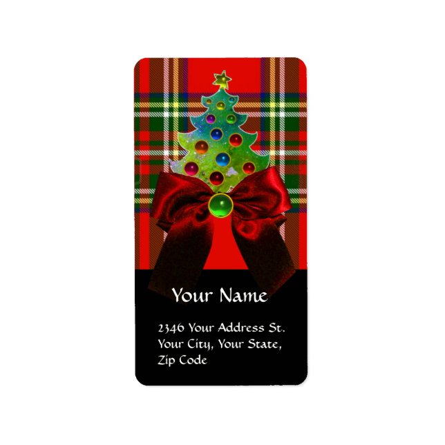 SCOTTISH TARTAN,RED BOW OCH JULGRAN ADRESSETIKETT (Framsidan)