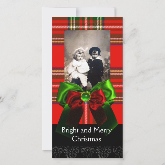 SCOTTISH TARTAN,RED GRÖNT BOWS JULAFTON FOTOMALL JULKORT (Framsida)