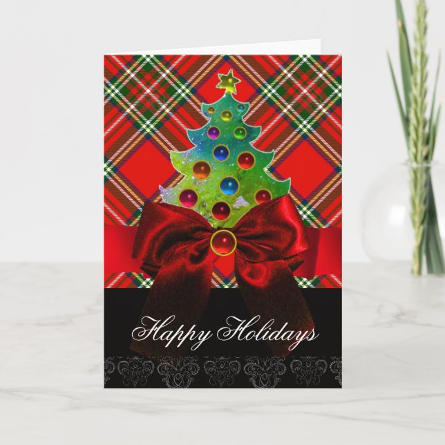 SCOTTISH TARTAN,RED GRÖNT BOWS OCH JULGRAN HELGKORT (Framsida)