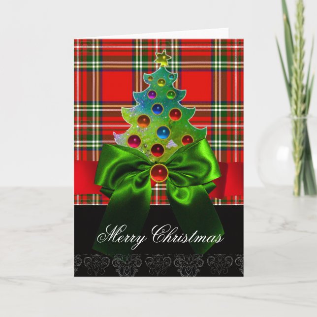 SCOTTISH TARTAN,RED GRÖNT BOWS OCH JULGRAN HELGKORT (Framsida)