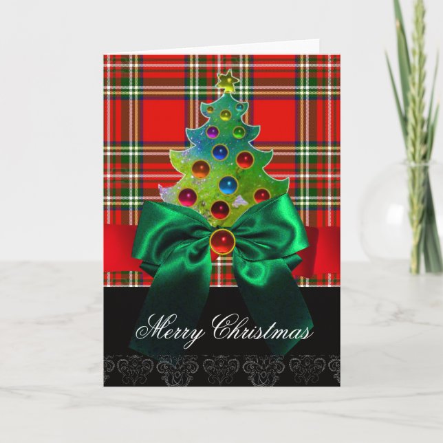 SCOTTISH TARTAN,RED GRÖNT BOWS OCH JULGRAN HELGKORT (Framsida)