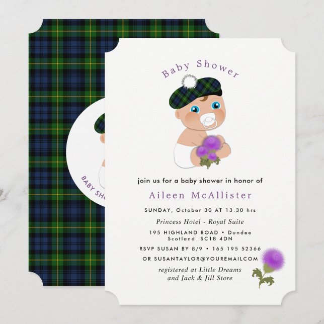 Scottish Tartan Thistle Flower Cute Baby Shower Inbjudningar (Fram/baksida)