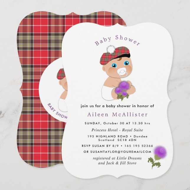 Scottish Tartan |Thistraff Flower Cute Baby Shower Inbjudningar (Fram/baksida)