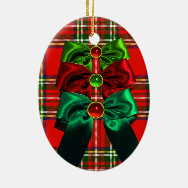 SCOTTISH TARTAN WITH RED GRÖNT CHRISTMAS BOWS JULGRANSPRYDNAD KERAMIK (Baksidan)