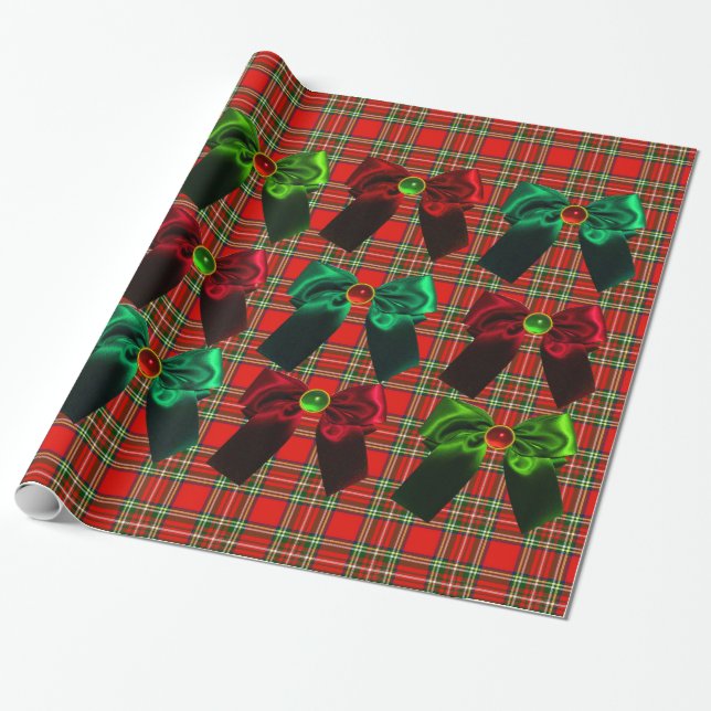 SCOTTISH TARTAN WITH RED GRÖNT CHRISTMAS BOWS PRESENTPAPPER (Utrullad)