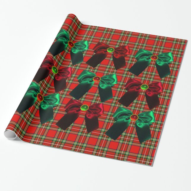 SCOTTISH TARTAN WITH RED GRÖNT CHRISTMAS BOWS PRESENTPAPPER (Utrullad)