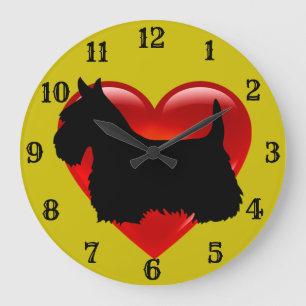 Scottish Terrier black silhouette red eart/guld Stor Klocka