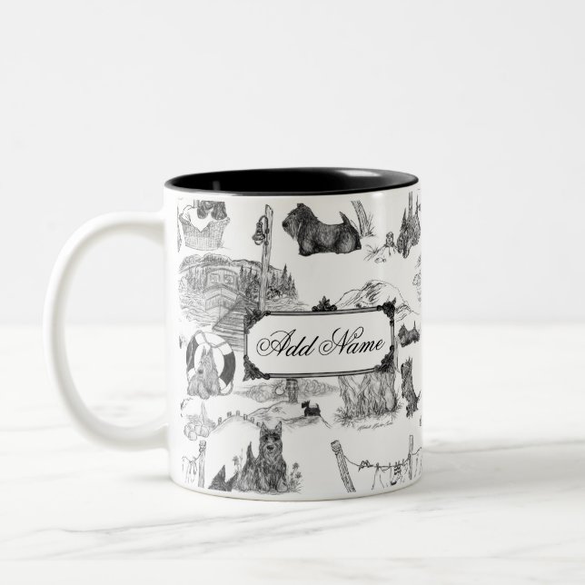 SCOTTISH Terrier Black Toile med eget namn Två-Tonad Mugg (Vänster)
