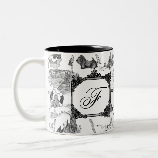 SCOTTISH Terrier Black Toile w/Monogram Två-Tonad Mugg (Vänster)