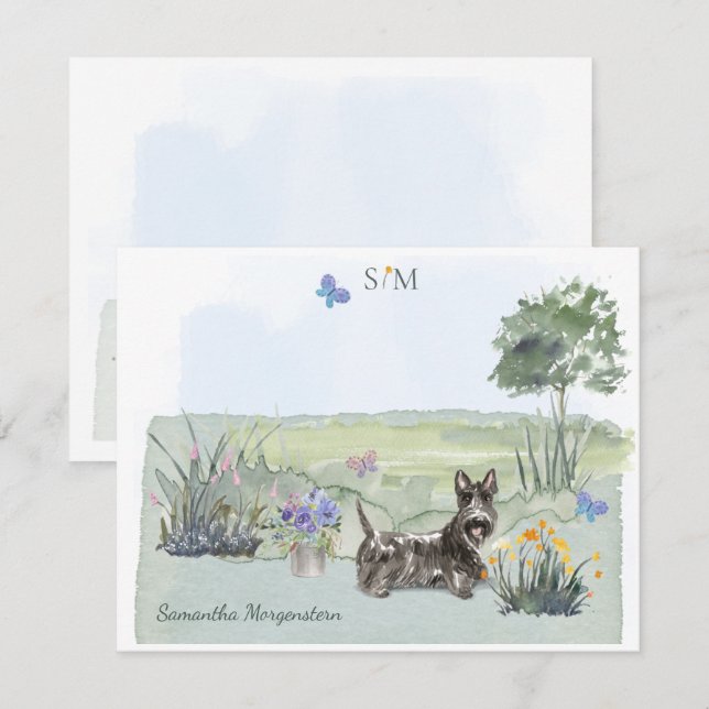 Scottish Terrier Butterfly Monogram & Namn Anteckningskort (Fram/baksida)