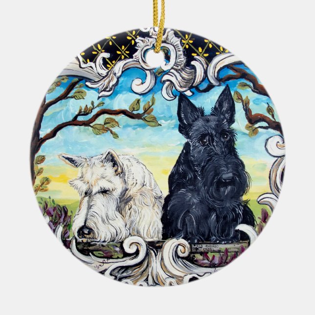 Scottish Terrier Cartouche Julgransprydnad Keramik (Framsidan)