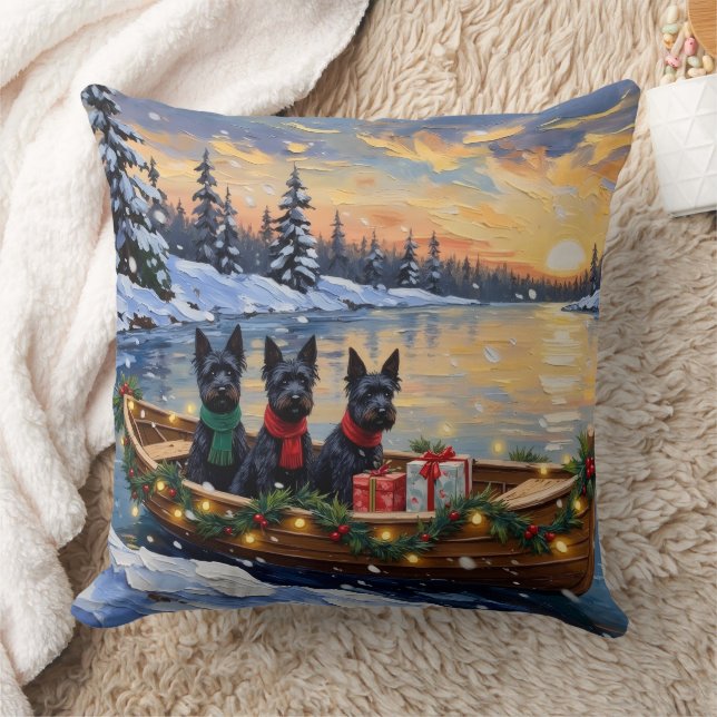 Scottish Terrier Christmas Boat Holiday Kudde (Filt)
