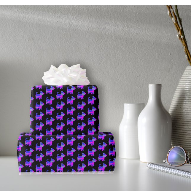 Scottish Terrier Cute Rosa och Blue on Black Presentpapper (Skapare uppladdad)