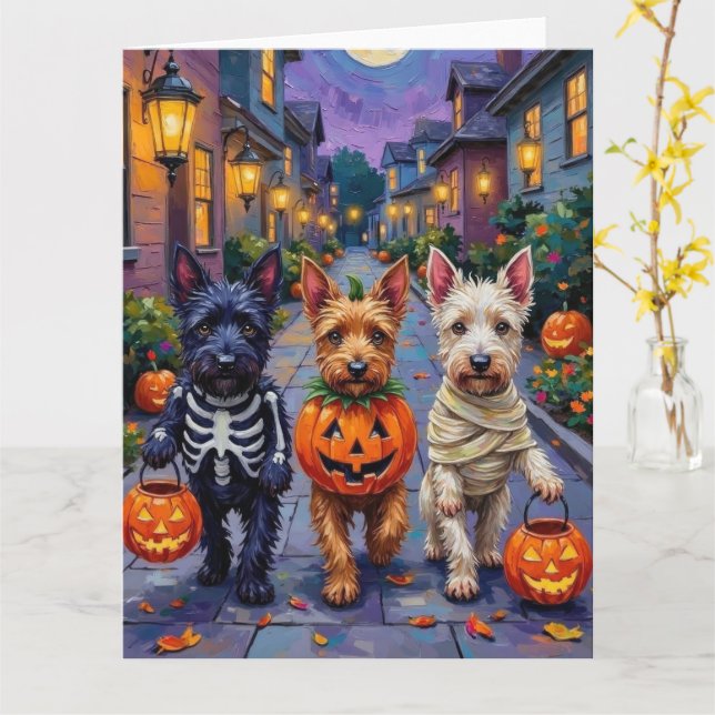Scottish Terrier Dogs in Halloween Costumes Kort (Gul blomma)