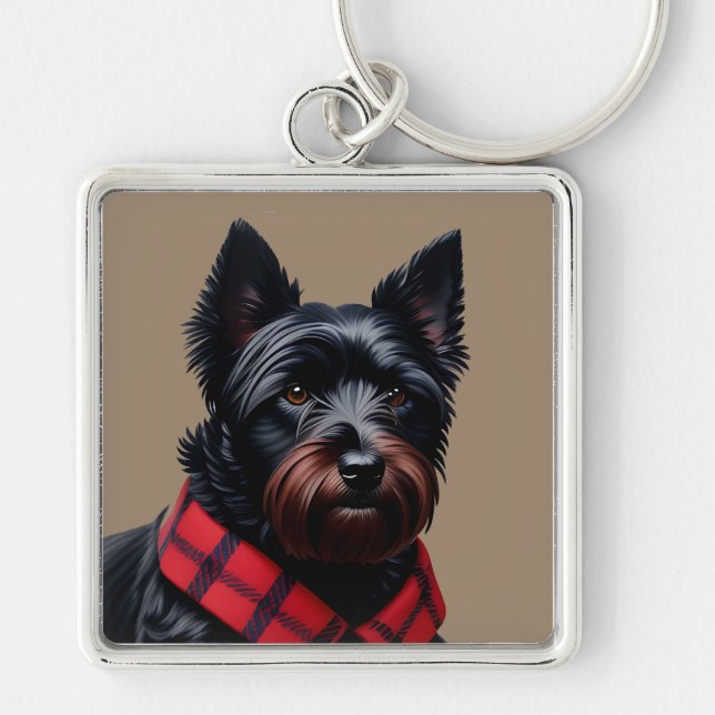 Scottish Terrier Fyrkantig Silverfärgad Nyckelring (Framsidan)