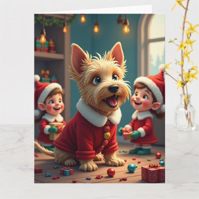 Scottish Terrier Helping Santa’s Elves Christmas Kort (Gul blomma)