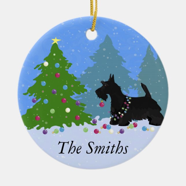 Scottish Terrier Hund Decorating Julgran Julgransprydnad Keramik (Framsidan)
