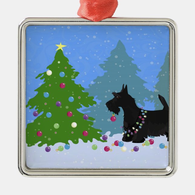 Scottish Terrier Hund Decorating Julgran Julgransprydnad Metall (Framsidan)