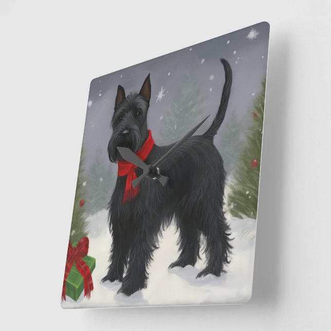 Scottish Terrier Hund i Snö jul Fyrkantig Klocka (Vinkel)