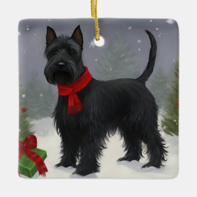 Scottish Terrier Hund i Snö jul Julgransprydnad Keramik (Framsida)