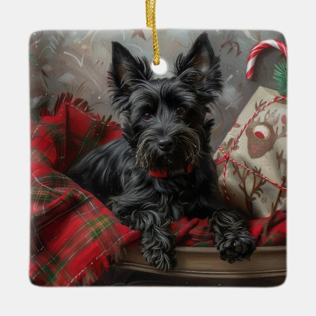 Scottish Terrier Hund jul Festive Julgransprydnad Keramik (Framsida)