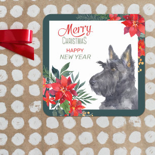 Scottish Terrier Hund Poinsettia Bouquet Fyrkantigt Klistermärke