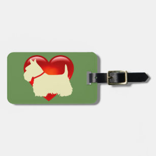 Scottish Terrier hund, rött hjärta, båge, zazzle g Bagagebricka