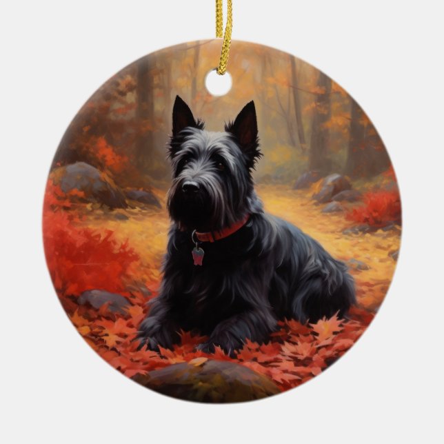 Scottish Terrier i Höst löv Fall Inspire Julgransprydnad Keramik (Framsidan)