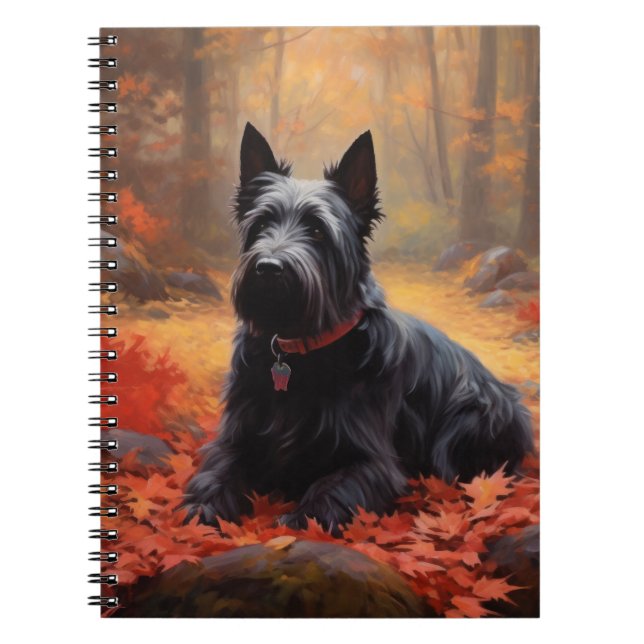 Scottish Terrier i höstlöv Fall Inspire Anteckningsbok (Framsidan)
