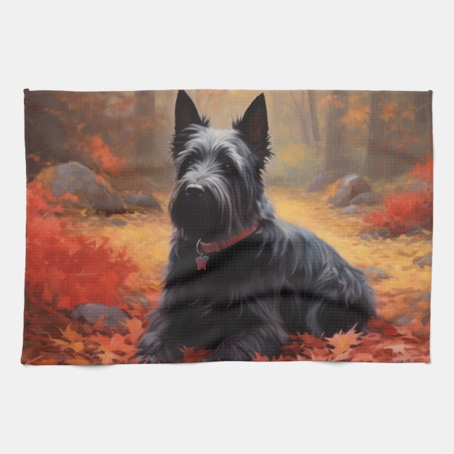 Scottish Terrier i höstlöv Fall Inspire Kökshandduk (Horisontell)