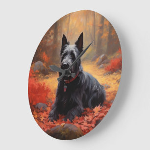 Scottish Terrier i höstlöv Fall Inspire Stor Klocka