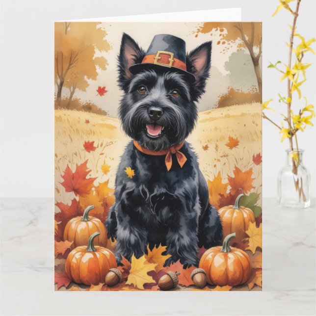 Scottish Terrier in Höst löv Thanksgiving Art Kort (Gul blomma)