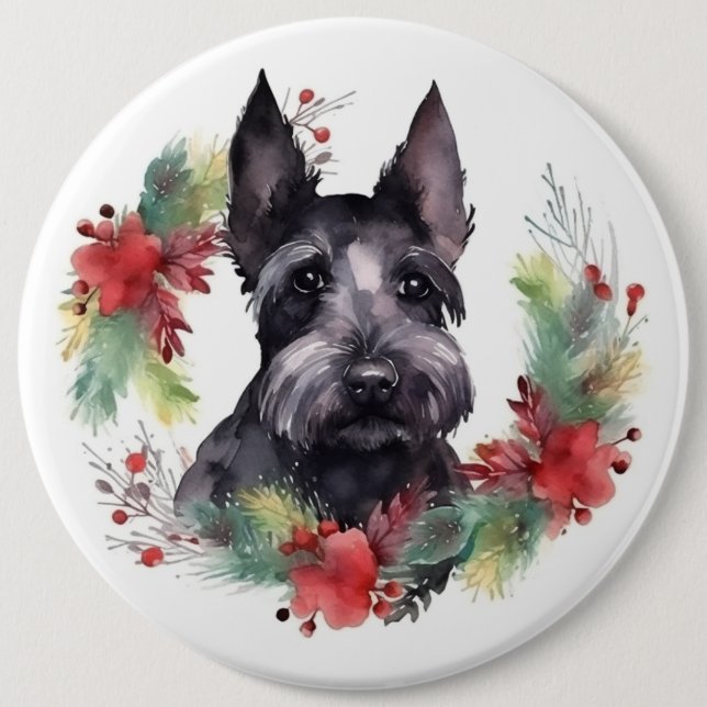 Scottish Terrier-julen-Valpen Festive Knapp (Framsida)