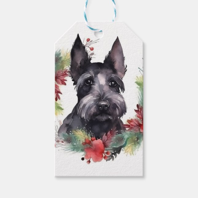 Scottish Terrier-julen-Valpen Festive Presentetikett (Framsidan)