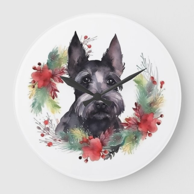Scottish Terrier-julen-Valpen Festive Stor Klocka (Framsida)
