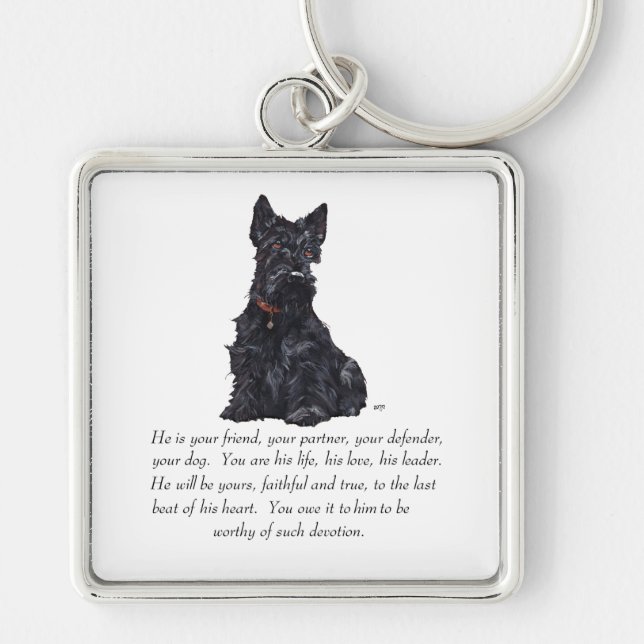 Scottish Terrier Keepsak - MALE Hund Fyrkantig Silverfärgad Nyckelring (Framsidan)
