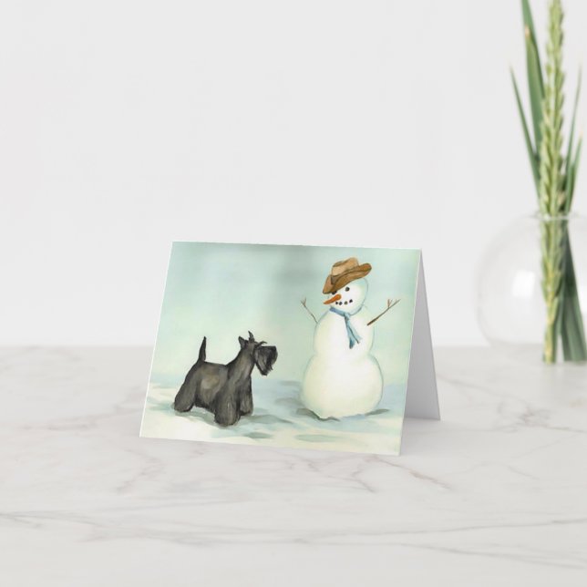 Scottish Terrier Meets Snögubbe Hund Art Note Card Tack Kort (Framsida)