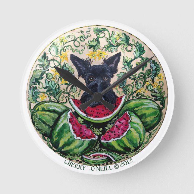 Scottish Terrier Melon Clock Rund Klocka (Framsida)