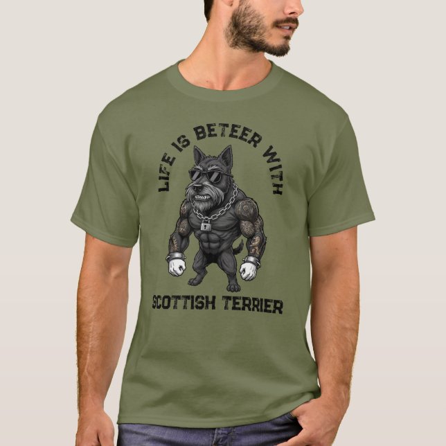 Scottish Terrier, muscular, tattooed, bodybuilder T Shirt (Framsida)