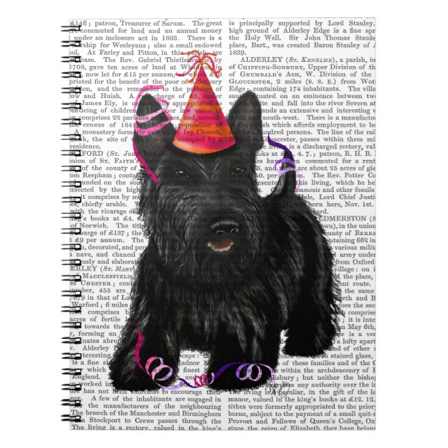 Scottish Terrier och Party Hat Anteckningsbok Med Spiral (Framsidan)